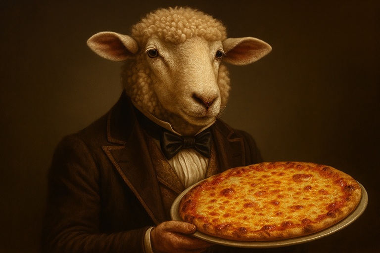 oveja elegante presentando la promoción de octubre 2025 de pizzería alberobello